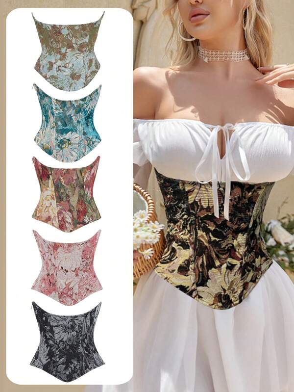 Women's Vintage Floral Waist Trainer Corset Top With Lace-Up Back, Suitable For New Year Party, Valentine's Day, Holiday, St. Patrick's Day, Halloween Costume