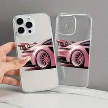 1pc Transparent Shell Lens Protection Pink Racing Car Pattern Anti-Fall Anti-Slip Soft Phone Case Cover Compatible With Apple 16/15/14/13/12/11 Pro Max/7/8 Plus, Galaxy And Other Models