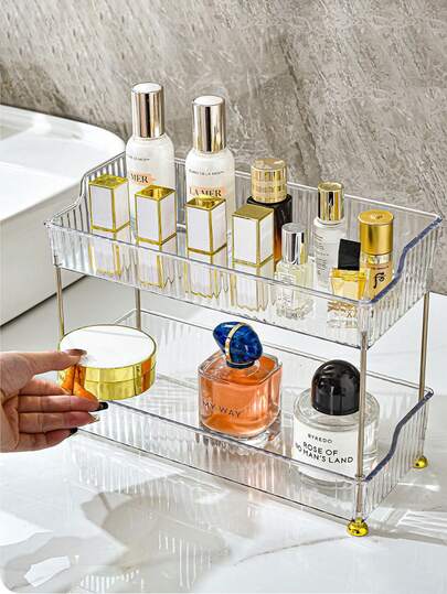 1pc Transparent Bathroom Storage Box, Multi-Layer Storage, Gold-Plated Leg Stand, Cosmetic Storage Rack, Bathroom Storage Rack, Toiletry Storage Rack, Can Be Used As Vanity, Bathroom Countertop, Kitchen Spice Rack And Bottle Storage Rack
