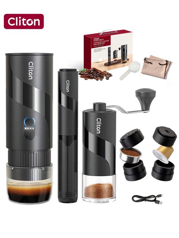 CLITON Premium Portable Capsule Coffee Machine - Single Unit Or Gift Set Bundle | With Hand Grinder, Milk Frother | Holiday Gift For Coffee Lovers | Compact For Office, Travel & Home Kitchen