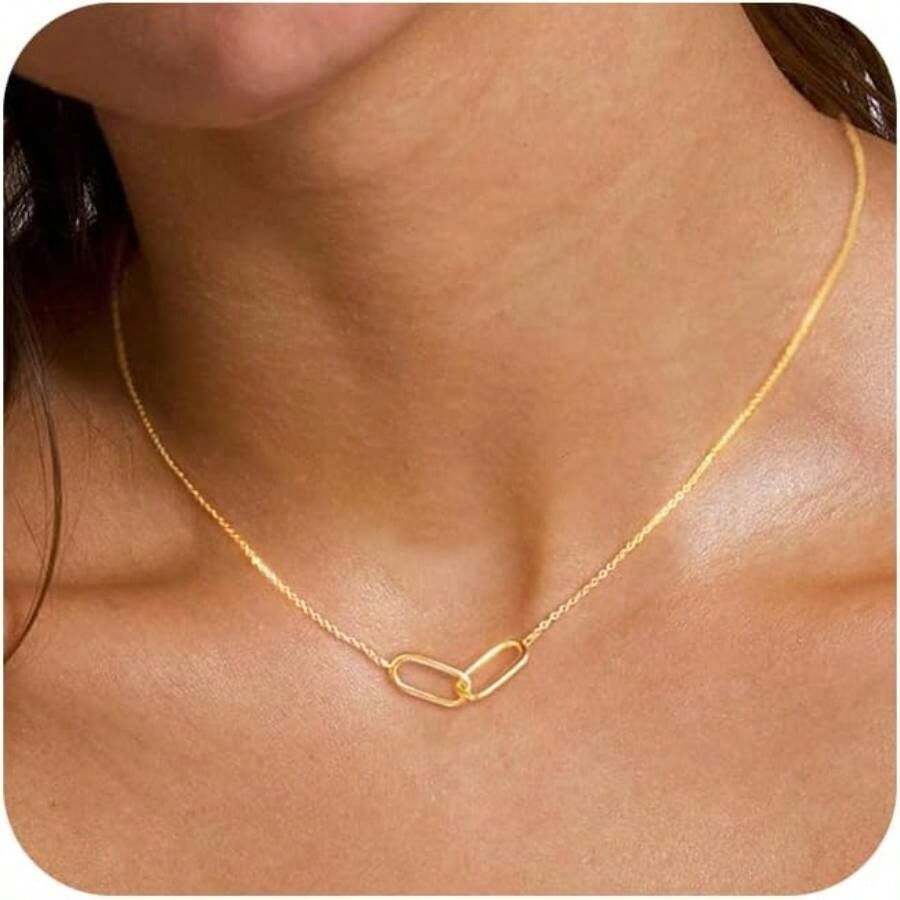 Gold Pendant Necklace For Women, Dainty Diamond Necklaces For Women Simple 14K Gold Plated Paperclip Choker Necklaces Cute Minimalist Open Oval Necklaces Gold Jewelry For Women Gifts - 金色+迴紋針金色 - 查看 1