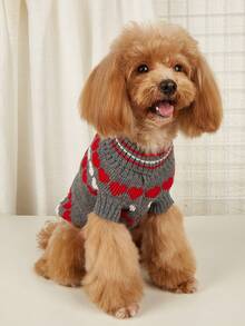 Heart-Shaped Red & Pink Jacquard Turtleneck Dog/Cat Sweater, Knitted Pullover For Poodle, Teddy Bear - Grey - View 5