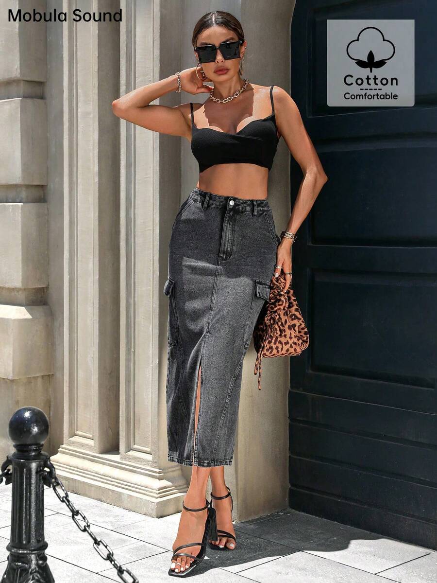 Jupe maxi en jean de style industriel minimaliste chic et décontracté polyvalente - Noir - Voir 1