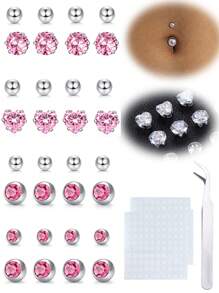 Y2K Fake Belly Ring Stick On Fake Belly Piercing Jewelry Cute Pink Belly Button Rings Heart CZ Stainless Steel Fake Belly Button Ring Fake Earrings Non Piercing Stick On Jewelry