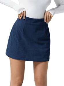 Womens Corduroy Mini Skirt High Waisted A Line Pencil Short Skirts Casual Basic Bottoms - Màu xanh hải quân - Xem 5
