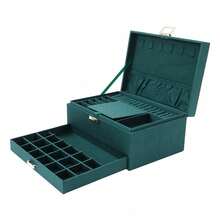 Organizador de joyas exclusivo con 3 cajones de terciopelo y 6 ganchos, estuche de diseño verde esmeralda de 24 x 17 x 11 cm, hecho a mano en madera con superficie antiarañazos, para joyero y almacenamiento de joyas. - Verde - Ver 5