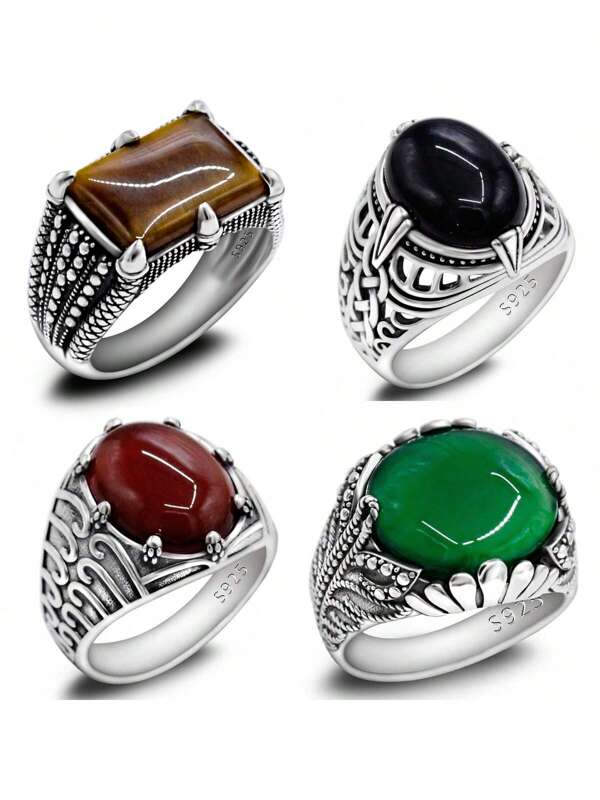 1pc 925 Silver Male Ring With Natural Agate, Fashionable Polka Dot & Stripe Claws Setting, Elegant Jewelry Ring