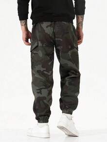 Men's Drawstring Thermal Lined Thick Camo Cargo Pants, Ankle Tied, Pockets, Durable, Suitable For Hiking, Sports, Casual Wear, Sherpa Lined - Army Green - View 3