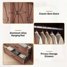 2/3/4 Doors Wardrobe Armoire Closet With Doors And Drawers, Farmhouse Wooden Armoire Storage Cabinet With Shelves & Hanging Rod For Bedroom - 棕色 - 查看 9