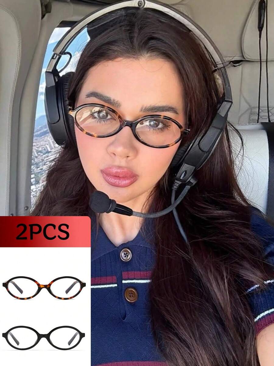 2pcs Women's Elliptical Small Oval Frame Personalized Street Snap Concave Shape Clear Glasses Summer Study Accessories Glasses Accessories For Women - 2 CÁI (màu da báo + đen) - Xem 1
