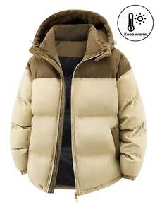 Men's Autumn/Winter Thick Padded Coat, Color Block Hooded Coat - Khaki - View 1