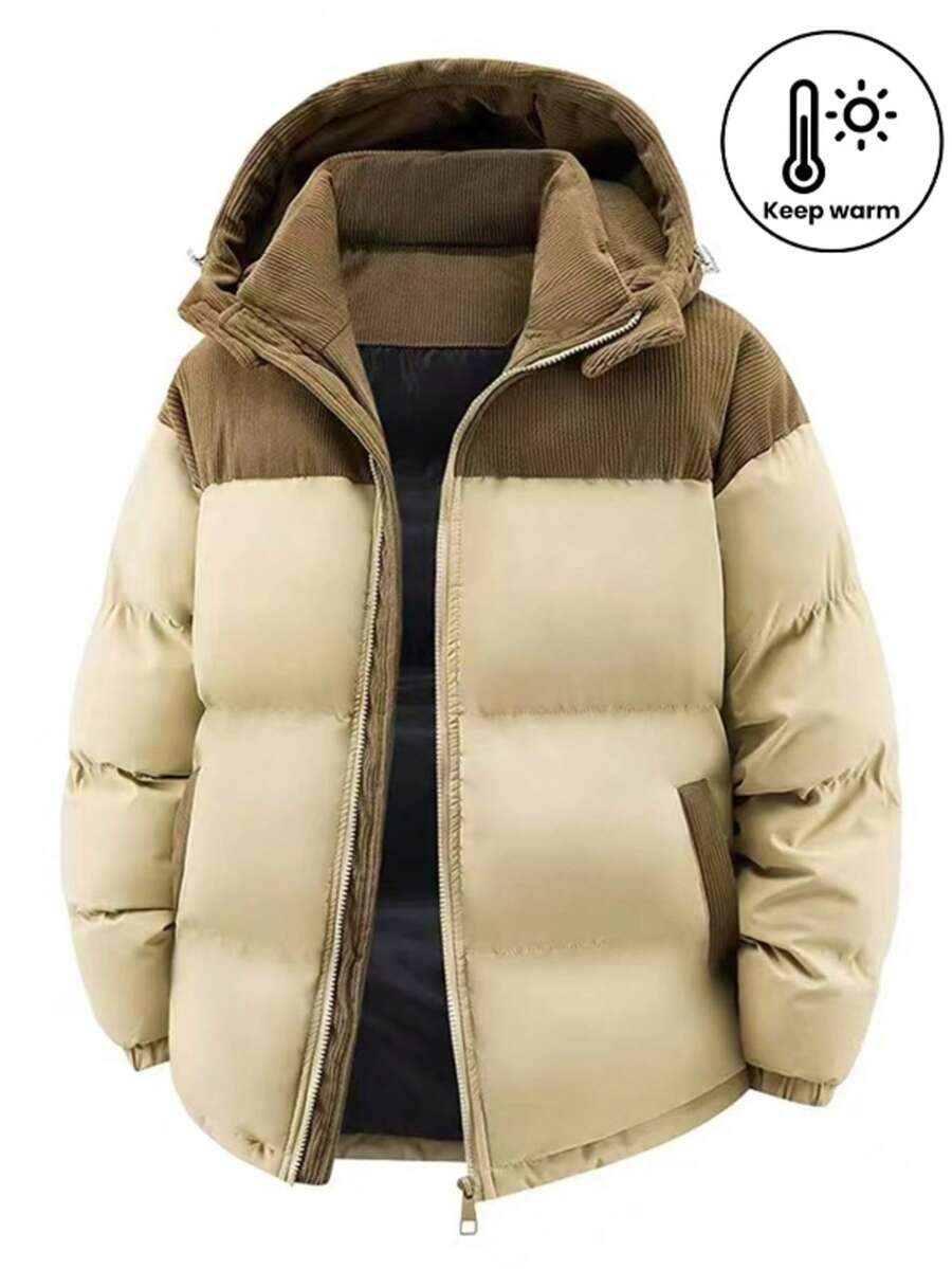 Men's Autumn/Winter Thick Padded Coat, Color Block Hooded Coat - Khaki - View 1