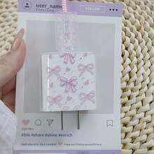 5个粉色TPU爱心/蝴蝶结/花朵/紫色爱心猫咪充电线保护套，兼容苹果18/20W充电器，送朋友的好礼物 - 愛心領結 - 查看 5