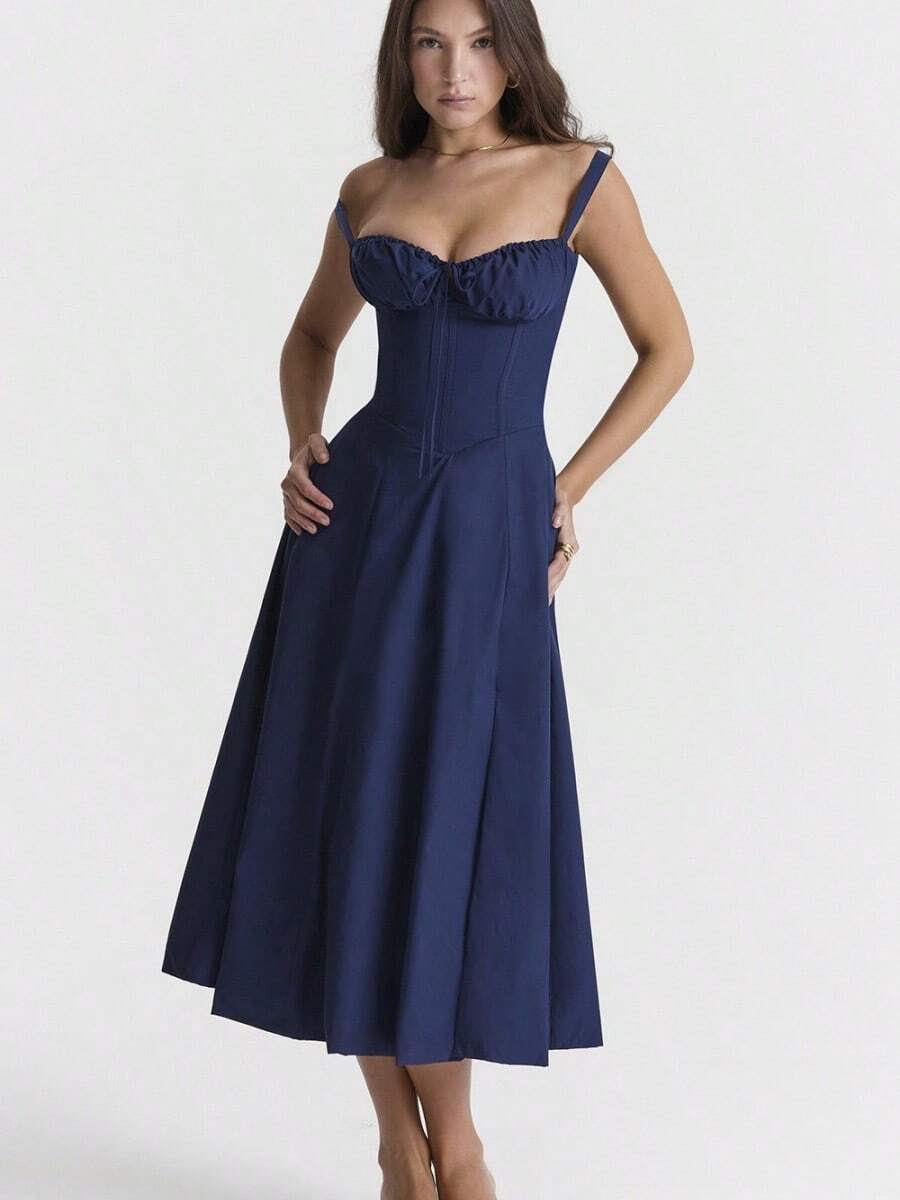 Verano temperamento de la moda de alto sentido de halter Europa y los Estados Unidos vestido de falda femenina - Azul Marino - Ver 1