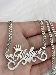 1pc Personalized Gold Name Necklace, Fashionable Stainless Steel Necklace With Crown & Heart Diamond Pendant, Unique Jewelry Gift Suitable For Summer, Vintage, Luxury, Casual, Minimalist Occasions, Ideal For Graduation, Wedding, Valentine's Day - Crown - View 5