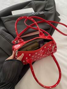 Fashionable Polka Dot Women's Boston Handbag, Stylish & Versatile Cylindrical Tote Bag, Lightweight Women's Shoulder Bag - Red - View 7