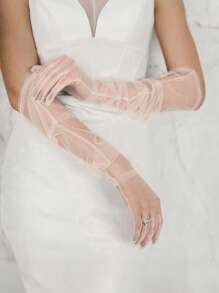1 双女士纯色薄纱长手套，晚礼服装饰派对手套，新娘手套，婚礼手套，秋季配饰