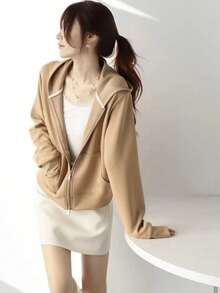 Women's Hooded Sweatshirt With Zipper Closure - màu kaki nhạt - Xem 2