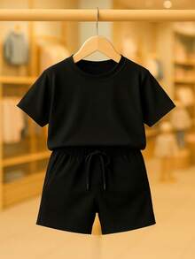 Basic Children's Set T-Shirt And Plain Shorts Summer Fashion Youth Male Various Colors And Sizes - màu đen - Xem 1
