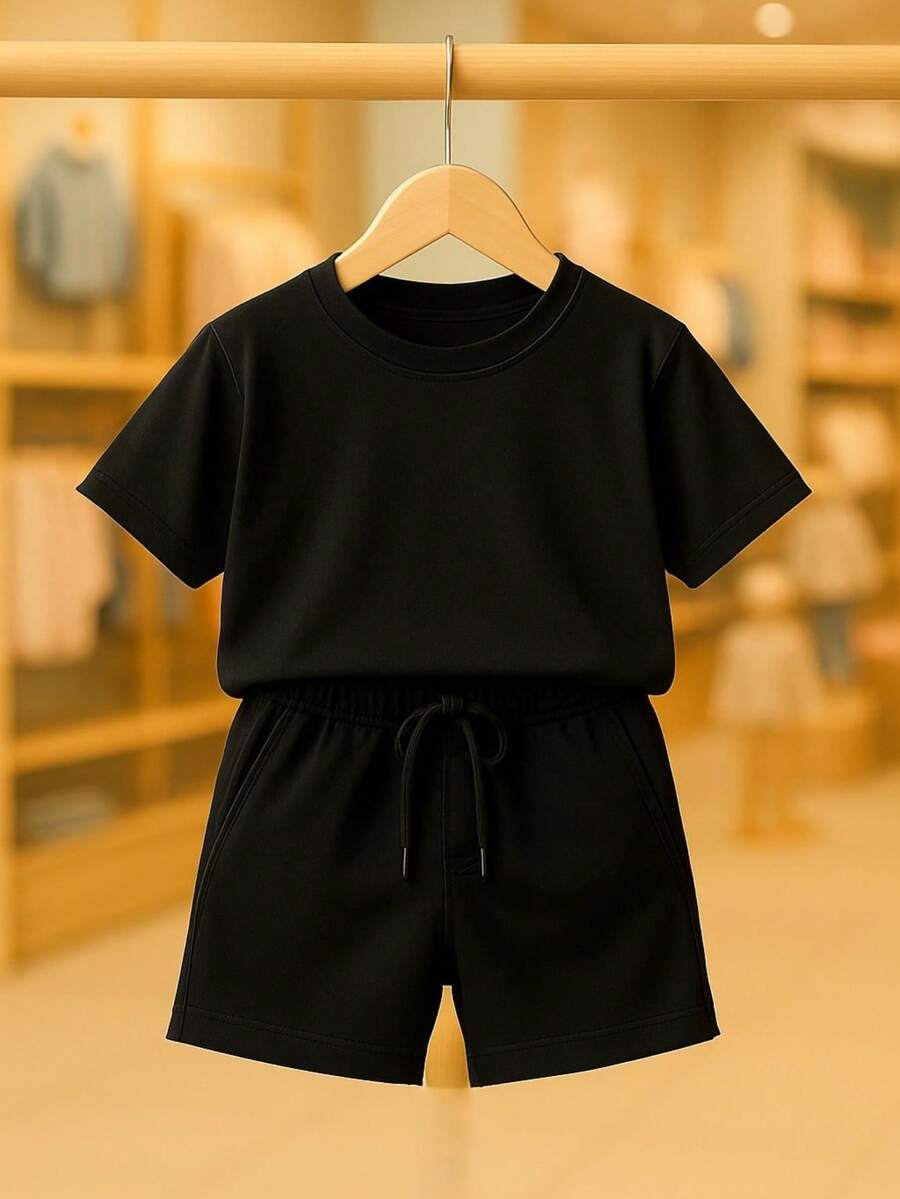 Basic Children's Set T-Shirt And Plain Shorts Summer Fashion Youth Male Various Colors And Sizes - màu đen - Xem 1
