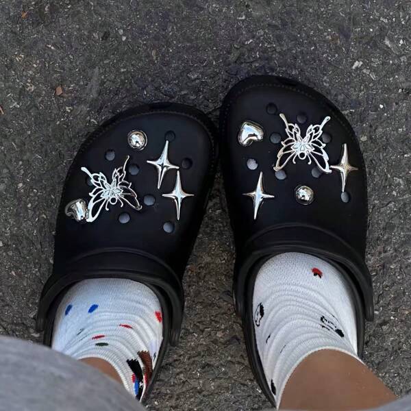 10pcs Y2K Cute & Edgy Butterfly, Star, Heart, Crocodile Shoe Charms, Silver Color DIY Accessories, Suitable For Garden Shoes, Clogs, Sandals, Slippers, Perfect Birthday, Christmas, Party Gifts