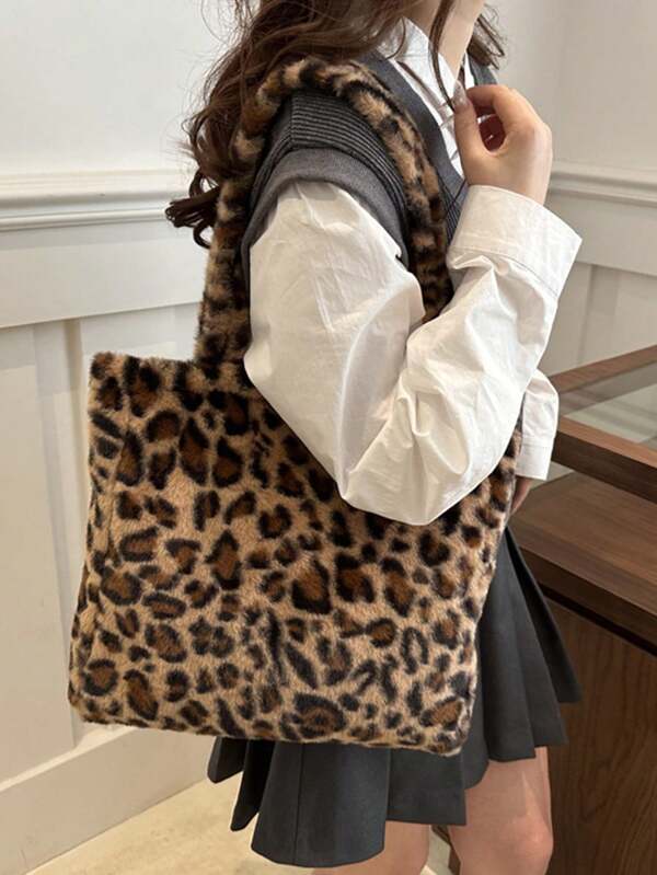 Sac à bandoulière casual imprimé léopard, fourré. Sac fourre-tout pour le trajet avec bandoulière - Sac à épaule fourré pour femmes, sac vintage à porter sous le bras, sac à bandoulière unique et