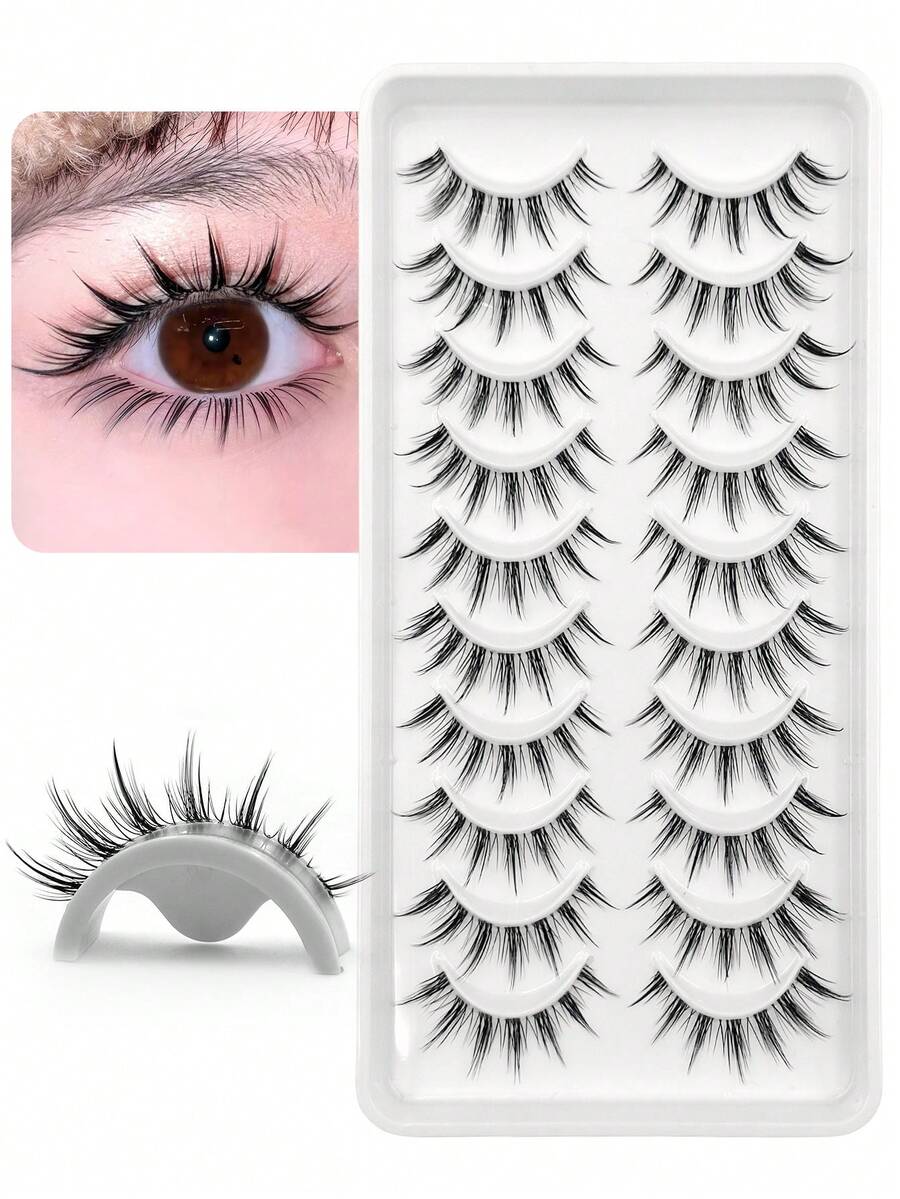 10 Pairs Asiteo Anime Style Transparent Natural Long False Eyelashes, Suitable For Beginners And Daily Use, Applicable For Cosplay And Anime Styling - Black - View 1