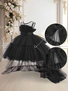Đầm dự tiệc cổ tròn bằng vải tuyn đính nơ thanh lịch cho bé gái, phù hợp với sàn diễn thời trang, tiệc tối, không kèm băng đô - màu đen - Xem 5