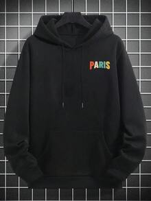 Krometka 男士宽松袋鼠口袋连帽衫，巴黎城市剪影印花，复古街头风，秋冬款 - 黑色 - 查看 7