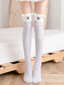 1双女士黑白刺绣熊猫珊瑚绒过膝长袜，毛绒可爱卡通保暖袜，舒适 - 黑與白 - 查看 7