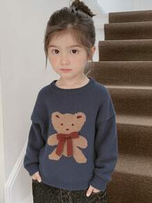 Dazy Kids 少女圆领图案毛衣，秋装 - 藍色 - 查看 3