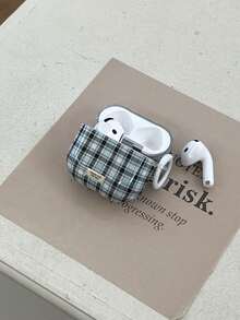 French Retro Style Simple Blue Plaid Dual-Layer Earphone Case + Pendant Set, Compatible With Apple Pro 3/Pro 2/Pro/ 4/3/2 Case, Fashionable Women Earphone Case, Minimalist Earphone Case - Blue - View 4