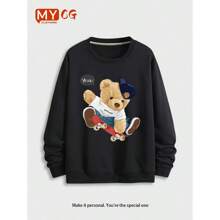 "Skateboard Bear" Pattern Printed Men's Hoodie Autumn And Winter Loose Personality Fashion Round Neck Long Sleeve Hoodless Coat Top