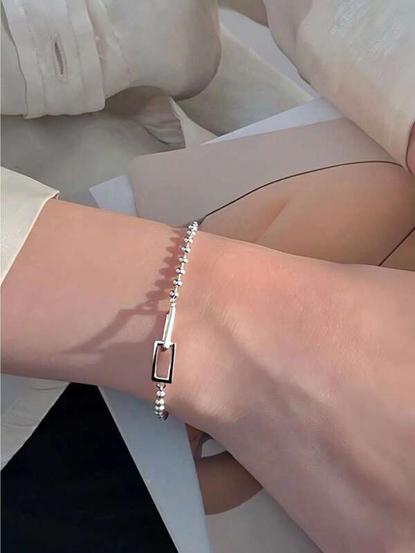 925 Sterling Silver Geometric Square Round Bead Bracelet For Women Personalized Simple Hand Jewelry Party