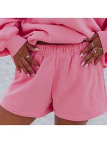 Women Athletic Shorts Loose Fit Solid Color Drawstring Sweatshorts For Yoga Running - 玫紅色 - 查看 2