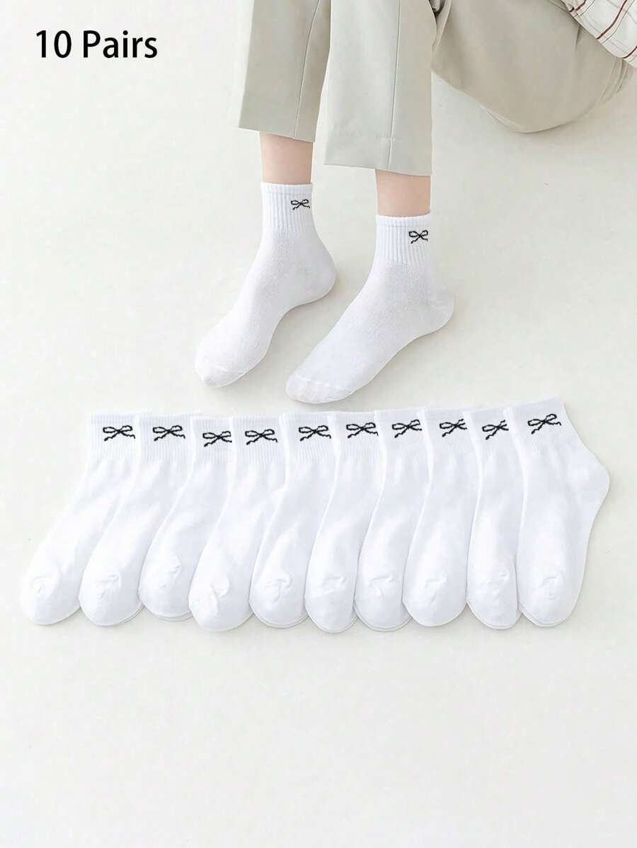 5/10 双夏季薄款蝴蝶结设计袜子，女士简约 INS 透气运动短袜，适合返校