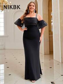 NIKBK 加大码黑色紧身长裙 - 露肩透视泡泡袖，水钻装饰肩带，缎面褶饰紧身胸衣，高腰侧开衩，及地下摆 | 优雅正式礼服，适合黑色领带晚会、舞会、婚宴和精致晚会场合 - 黑色 - 查看 4