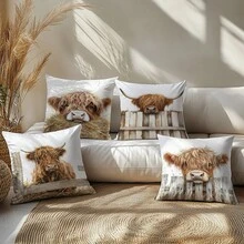 4 pièces Housses de coussin vache des highlands minimaliste, imprimées sur un seul côté en velours doux pêche, 45*45CM Housses de coussin pour la décoration intérieure, les fêtes, les cadeaux - Multicolore-4 pièces - Voir 6
