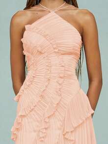 Y2k Ruffle Long Dress For Women Halter Backless Irregular Hem Ruched Boho Maxi Dress - 藕粉色 - 查看 4