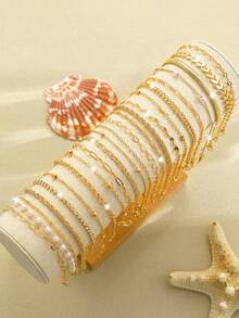 19/11/9/15/8/12/23pcs Set Of Heart Knot, Crystal Rhinestone, Geometric Beaded, Faux Pearl, Wide Metal Snake Chain, Twisted Chain, Horseshoe Chain, Minimalist Plain Chain, Open Cuff Bracelet, Fashion Elegant Vintage Bohemian Design, Suitable For Holiday, Party, Gift, Daily Wear