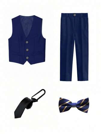 Tween Boys Suits Slim Fit 4 Piece Formal Dresswear Suit For Kids Tuxedo Wedding Set Toddler Boy Vest, Pants, Tie And Bowknot