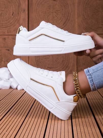 Women's Casual Lace-Up Flat Sneakers With Gold Stripes, Comfortable Breathable Campus Style Shoes, New Summer Collection
