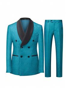 Men's 2-Piece Suit Set, Double-Breasted Fitted Sport Jacket And Trousers, Perlis Pattern Suit - Wedding Tailcoat, Business Suit - 青碧色 - 查看 3