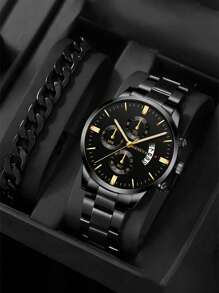 2pcs/Set Fashionable Men Bracelet Calendar Watch Business Casual Stainless Steel Quartz Watch As A Gift For Students Returning To School - Blue - View 11