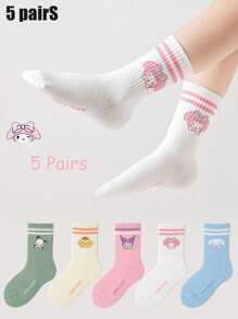 1/5 Double Set Children's Sanrio Cute Characters Hello Kitty, Melody, Dog And Other Sweet And Adorable Style Socks Sanrio Collaboration Socks With Colorful Striped Cuffs Socks For Kids-Including Baby Socks, Boys Socks, Girls Socks, School Socks