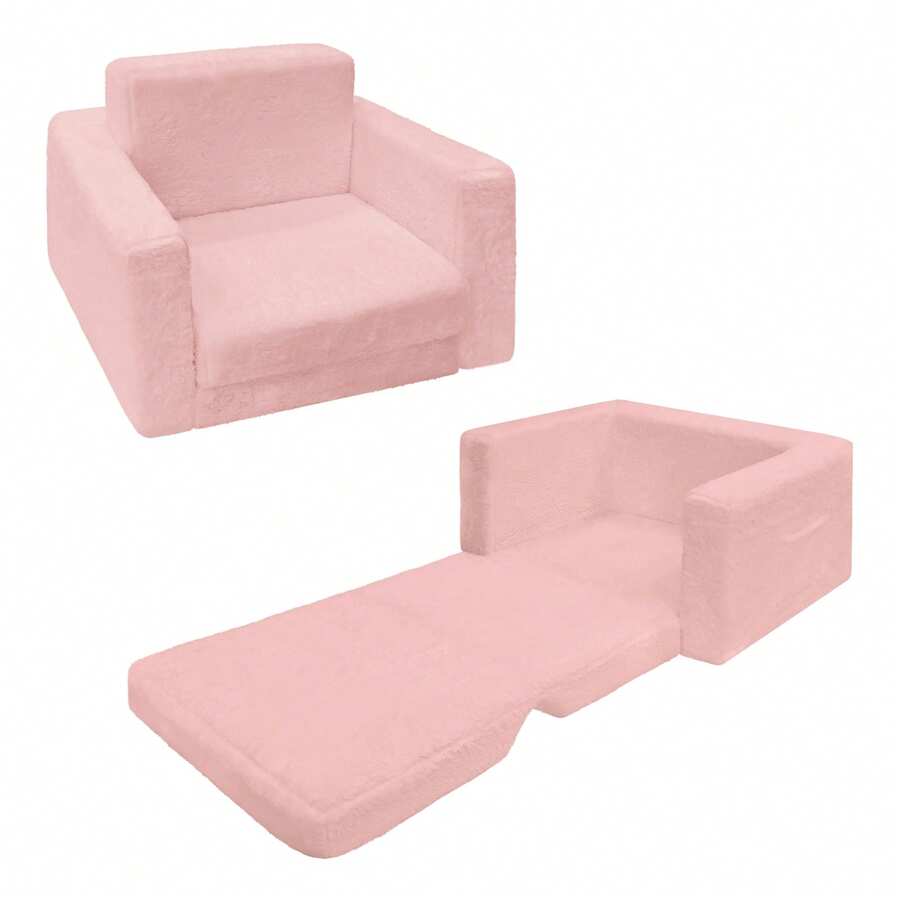 Kids Chairs For Toddler, 2-In-1 Toddler Soft Sherpa Couch Fold Out, Convertible Sofa To Lounger For Girls And Boys, Grey,Pink,Cream - 粉色 - 查看 1