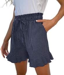 Linen Shorts For Women High Waisted Wide Leg Drawstring Ruffle Summer Beach Casual Loose Flowy Shorts With Pockets