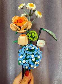 1 Box Miniature Building Blocks Artificial Flowers Bundle Diy Unique Decor For Home, Plant Series, Suitable As Home Decoration, Girlfriend's Gift, Mother's Day Gift, Birthday Gift, Toy, Lavender And Pink Rose Room Decoration