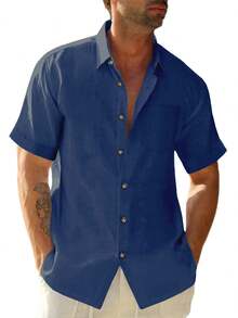 Mens Short Sleeve Cuban Camp Guayabera Shirt Linen Cotton Hippie Beach Button Down Shirts Plus Size - 藏蓝色 - 查看 1