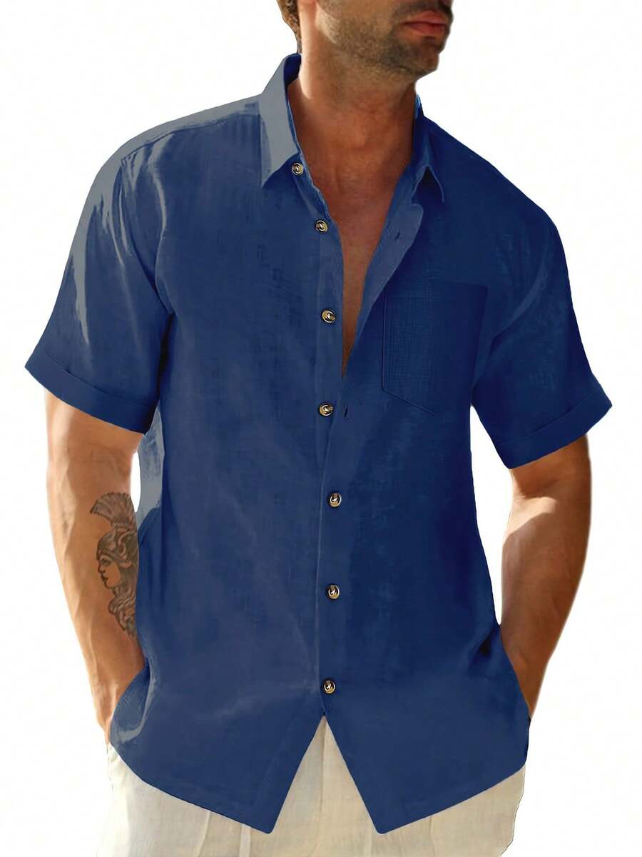Mens Short Sleeve Cuban Camp Guayabera Shirt Linen Cotton Hippie Beach Button Down Shirts Plus Size - 藏蓝色 - 查看 1